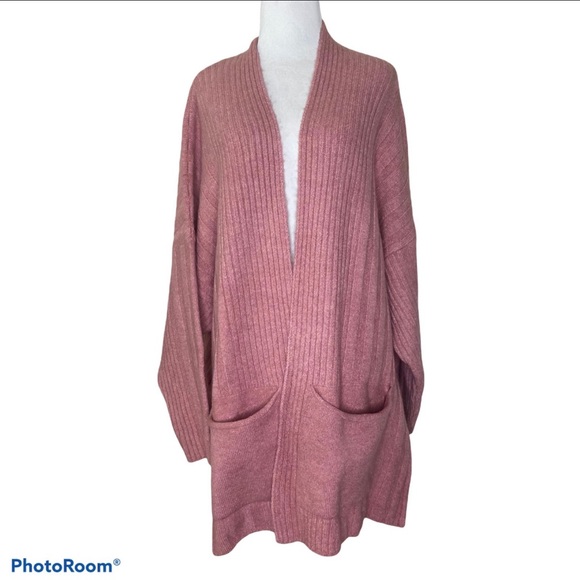 NWT Topshop Long Cardigan Sweater Slouchy Ribbed-Knit Pockets Pink Sz Large 12 - Picture 2 of 10